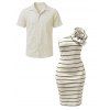 Vacation Couple Outfit Striped Print Flower Decor One Shoulder Bodycon Dress and Solid Color Geometric Hollow Out Shirt Set - Beige S | US 4