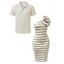 Vacation Couple Outfit Striped Print Flower Decor One Shoulder Bodycon Dress and Solid Color Geometric Hollow Out Shirt Set - Beige S | US 4