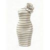Vacation Couple Outfit Striped Print Flower Decor One Shoulder Bodycon Dress and Solid Color Geometric Hollow Out Shirt Set - Beige S | US 4