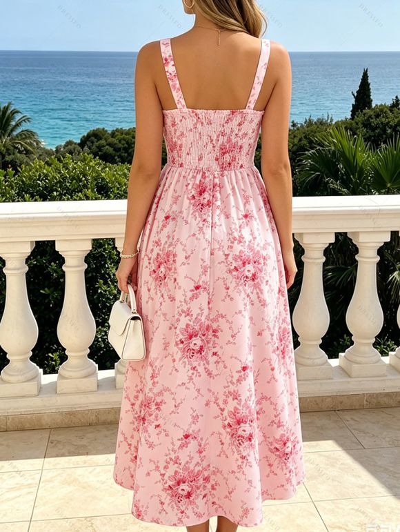 Vacation Couple Outfit Watercolor Rose Floral Print Ruffle Tied Cut Out Empire Waist Dress and Shirt Set - Rose S | US 4