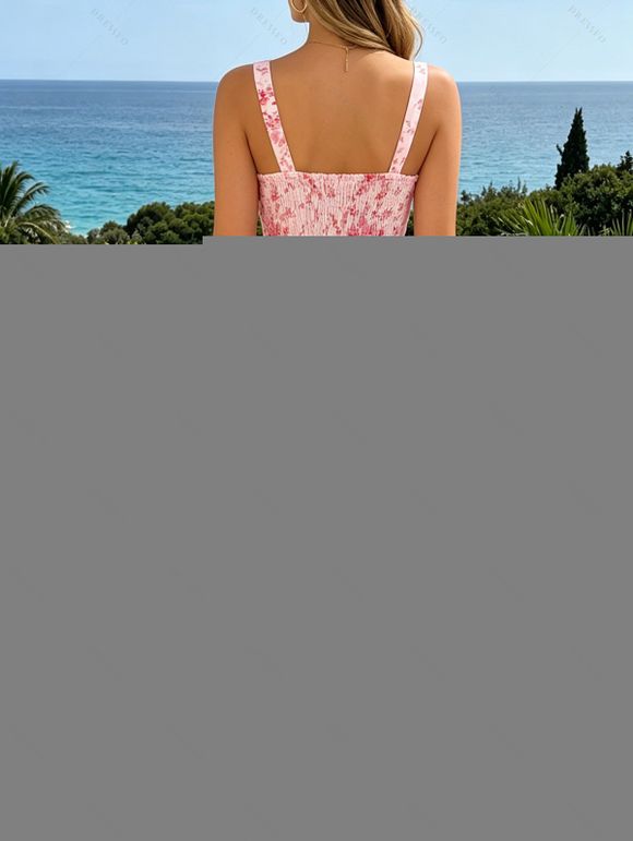 Vacation Dress Watercolor Rose Floral Print Ruffle Tied Cut Out Empire Waist Dress - Rose M | US 6