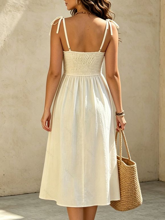 Robe de vacances pour la plage, couleur unie, smocks, faux boutons, épaules nouées, coupe trapèze - Beige XL | US 10