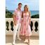 Vacation Couple Outfit Watercolor Rose Floral Print Ruffle Tied Cut Out Empire Waist Dress and Shirt Set - Rose S | US 4