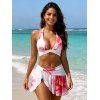 Vacation Bikini Swimsuit Watercolor Floral Print Mesh Irregular Skirt Halter Beach Swimwear Set - WHITE XL | US 10