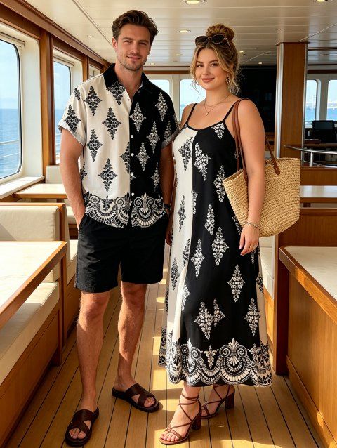 Bohemian Vacation Couple Outfit Contrast Color Baroque Damask Print Spaghetti Strap Maxi Dress and Shirt Set
