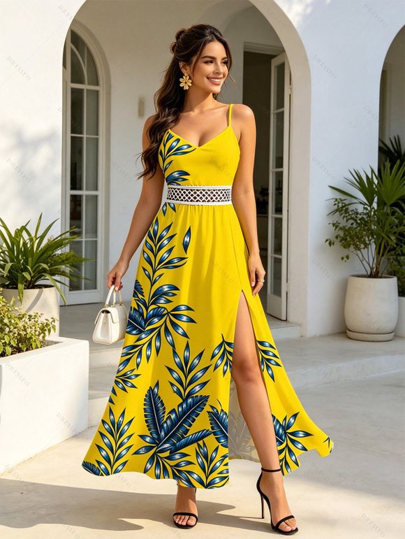 Hawaiian Vacation Dress Tropical Leaf Print Lace Hollow Out Slit Dress - Jaune XXXXXL | US 20