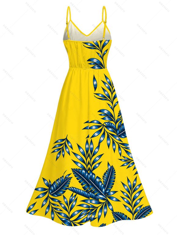 Hawaiian Vacation Dress Tropical Leaf Print Lace Hollow Out Slit Dress - Jaune XXXXXL | US 20