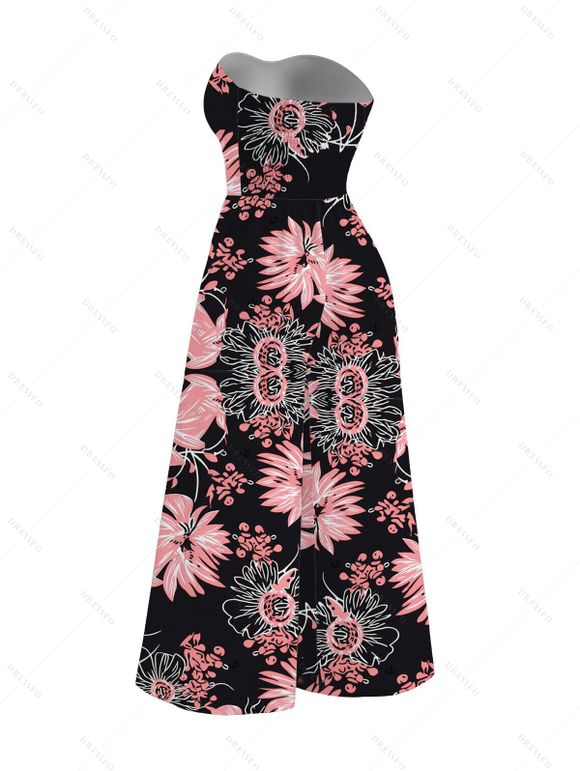 Vacation Jumpsuit for Beach Tropical Hand-Drawn Flower Pattern Pocket Off the Shoulder Wide Leg Jumpsuit - Rose XXL | US 14