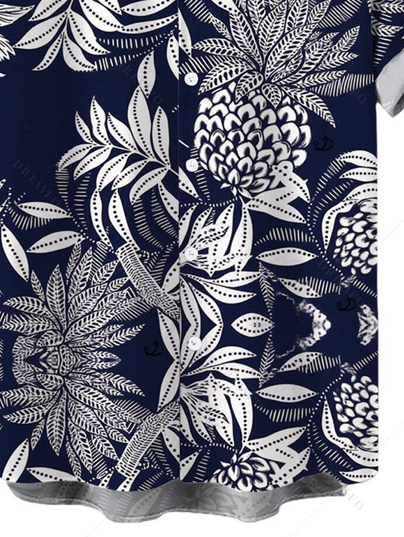 Men's Hawaiian Vacation Shirt Tropical Pineapple Print Button Up Shirt - Bleu de Minuit 5XL