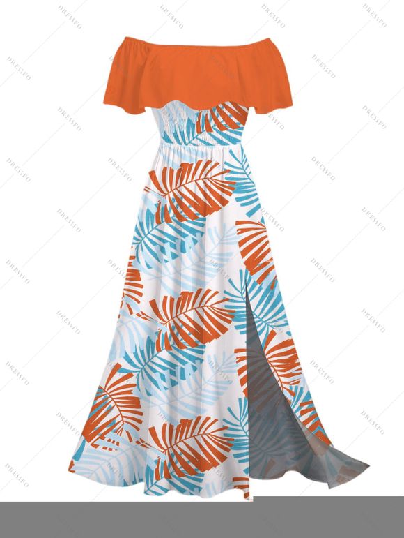 Hawaiian Vacation Dress Colorblock Palm Leaf Print Flounce Off the Shoulder Smocked Slit Dress - Orange XXL | US 14
