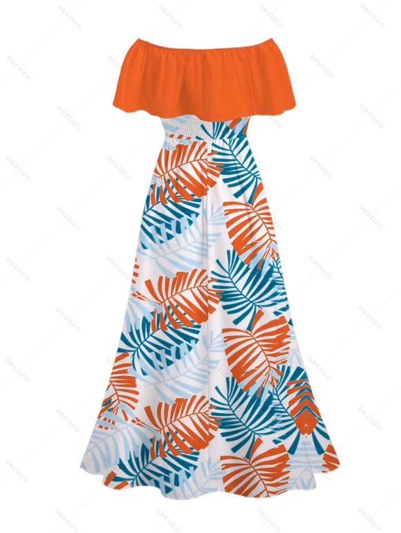 Hawaiian Vacation Dress Colorblock Palm Leaf Print Flounce Off the Shoulder Smocked Slit Dress - Orange XXL | US 14