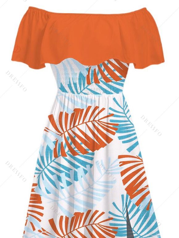 Hawaiian Vacation Dress Colorblock Palm Leaf Print Flounce Off the Shoulder Smocked Slit Dress - Orange XXL | US 14