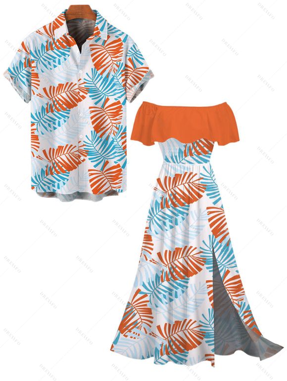 Hawaiian Vacation Couple Outfit Palm Leaf Print Flounce Off the Shoulder Smocked Slit Dress and Shirt Set - Orange S | US 4