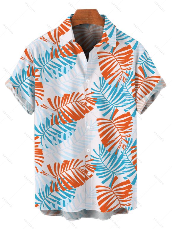 Hawaiian Vacation Couple Outfit Palm Leaf Print Flounce Off the Shoulder Smocked Slit Dress and Shirt Set - Orange S | US 4