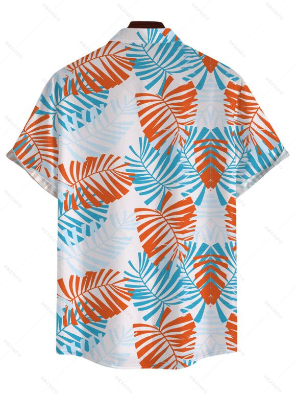 Hawaiian Vacation Couple Outfit Palm Leaf Print Flounce Off the Shoulder Smocked Slit Dress and Shirt Set - Orange S | US 4