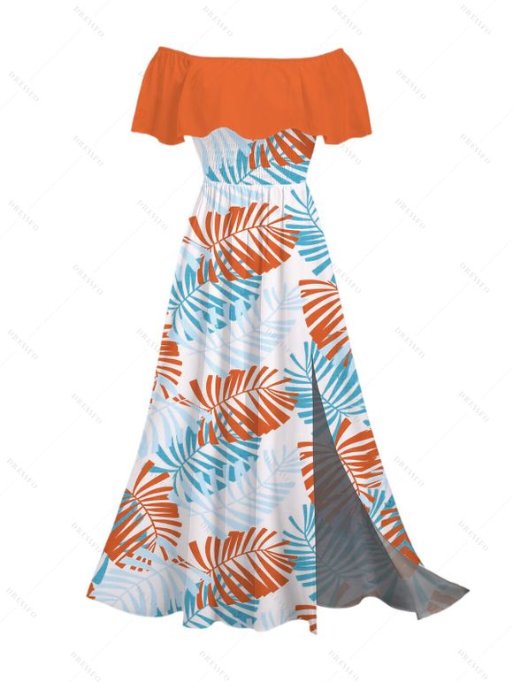 Hawaiian Vacation Couple Outfit Palm Leaf Print Flounce Off the Shoulder Smocked Slit Dress and Shirt Set - Orange S | US 4