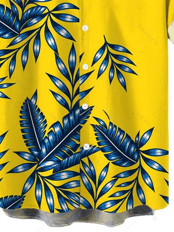 Men's Hawaiian Vacation Shirt Tropical Leaf Print Button Up Shirt - Jaune 5XL