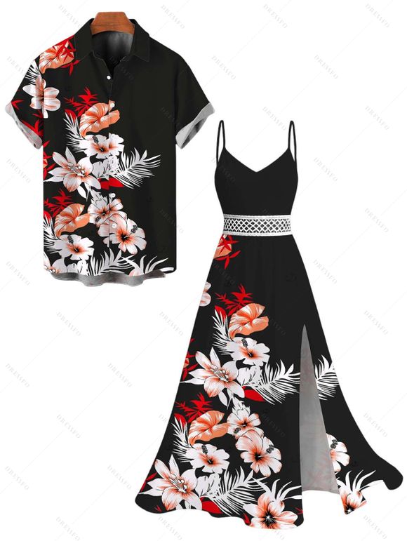 Vacation Couple Outfit Hibiscus Floral Tropical Leaf Print Lace Hollow Out Slit Dress and Shirt Set - Noir S | US 4