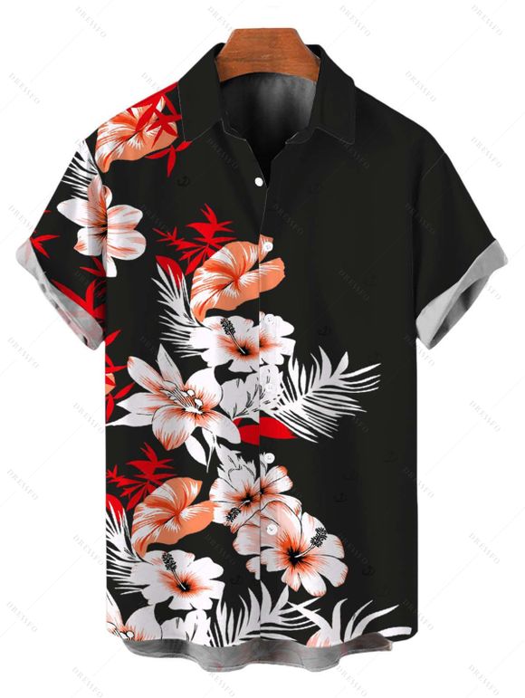 Vacation Couple Outfit Hibiscus Floral Tropical Leaf Print Lace Hollow Out Slit Dress and Shirt Set - Noir S | US 4