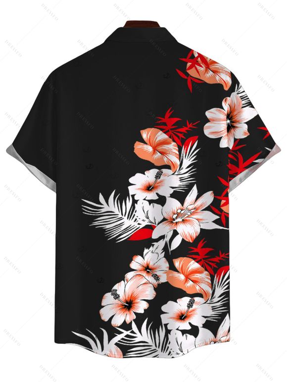 Vacation Couple Outfit Hibiscus Floral Tropical Leaf Print Lace Hollow Out Slit Dress and Shirt Set - Noir S | US 4