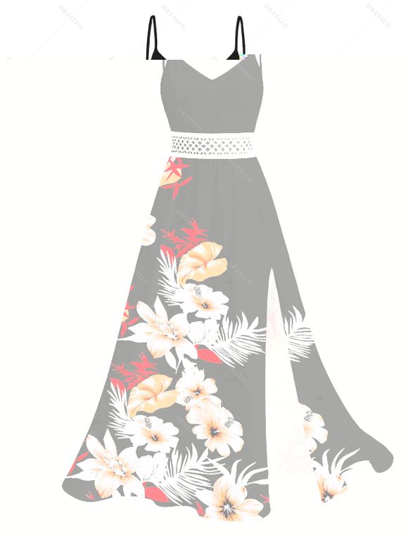 Vacation Couple Outfit Hibiscus Floral Tropical Leaf Print Lace Hollow Out Slit Dress and Shirt Set - Noir S | US 4