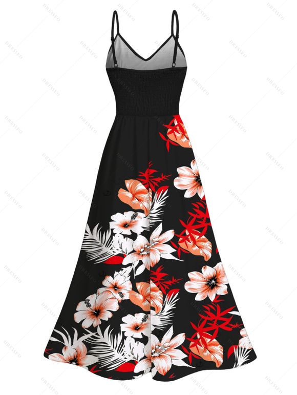 Vacation Couple Outfit Hibiscus Floral Tropical Leaf Print Lace Hollow Out Slit Dress and Shirt Set - Noir S | US 4