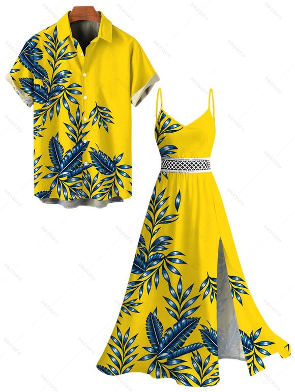 Hawaiian Vacation Couple Outfit Tropical Leaf Print Lace Hollow Out Slit Dress and Shirt Set - Jaune S | US 4