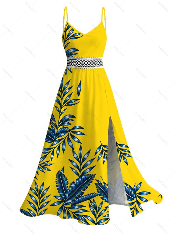 Hawaiian Vacation Couple Outfit Tropical Leaf Print Lace Hollow Out Slit Dress and Shirt Set - Jaune S | US 4