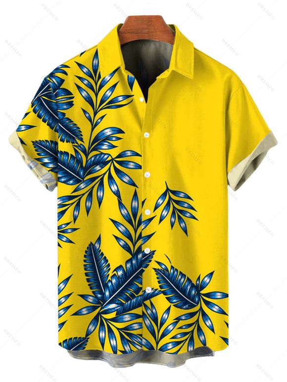 Hawaiian Vacation Couple Outfit Tropical Leaf Print Lace Hollow Out Slit Dress and Shirt Set - Jaune S | US 4
