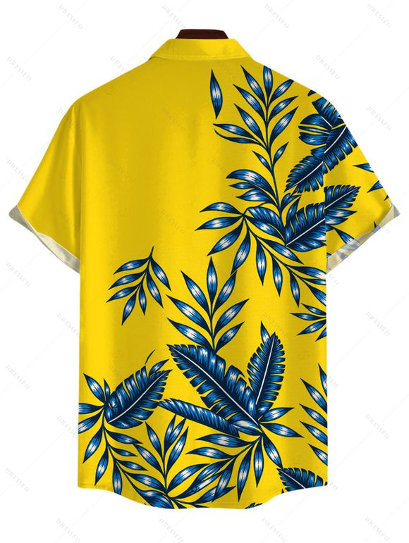 Hawaiian Vacation Couple Outfit Tropical Leaf Print Lace Hollow Out Slit Dress and Shirt Set - Jaune S | US 4