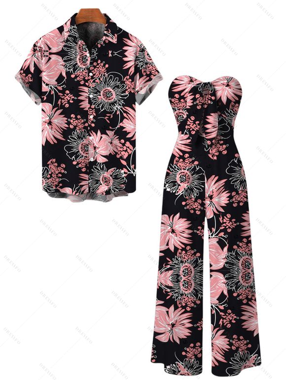 Vacation Couple Outfit Tropical Hand-Drawn Flower Print Pocket Off the Shoulder Jumpsuit and Shirt Set - Rose S | US 4