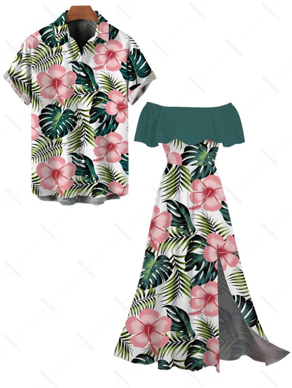 Hawaiian Vacation Couple Outfit Tropical Leaf Floral Print Flounce Off the Shoulder Smocked Slit Dress and Shirt Set - Turquoise Foncée S | US 4