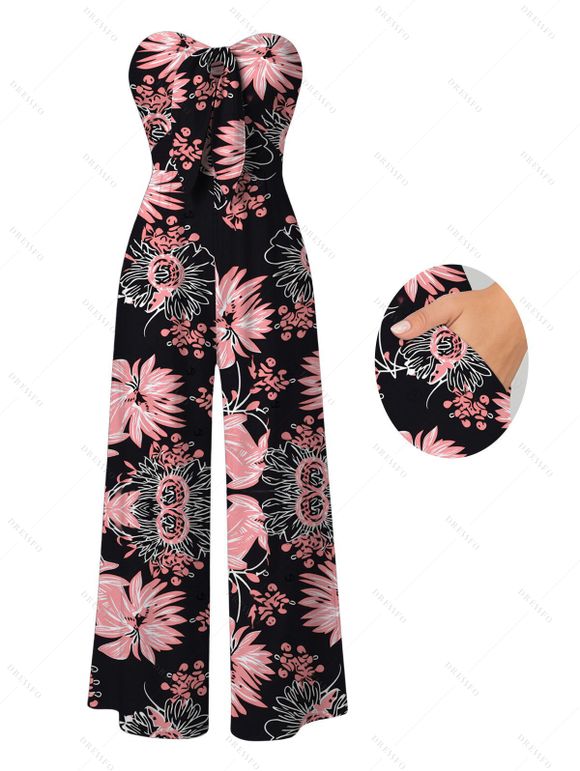 Vacation Couple Outfit Tropical Hand-Drawn Flower Print Pocket Off the Shoulder Jumpsuit and Shirt Set - Rose S | US 4