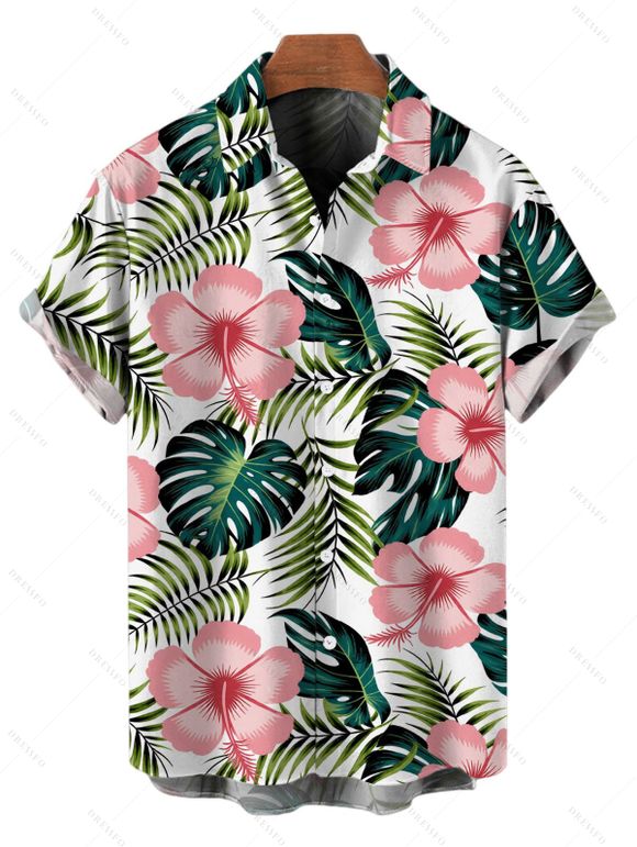 Hawaiian Vacation Couple Outfit Tropical Leaf Floral Print Flounce Off the Shoulder Smocked Slit Dress and Shirt Set - Turquoise Foncée S | US 4