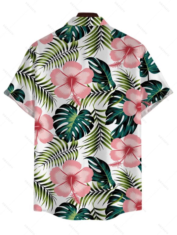 Hawaiian Vacation Couple Outfit Tropical Leaf Floral Print Flounce Off the Shoulder Smocked Slit Dress and Shirt Set - Turquoise Foncée S | US 4