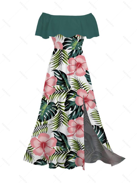 Hawaiian Vacation Couple Outfit Tropical Leaf Floral Print Flounce Off the Shoulder Smocked Slit Dress and Shirt Set - Turquoise Foncée S | US 4