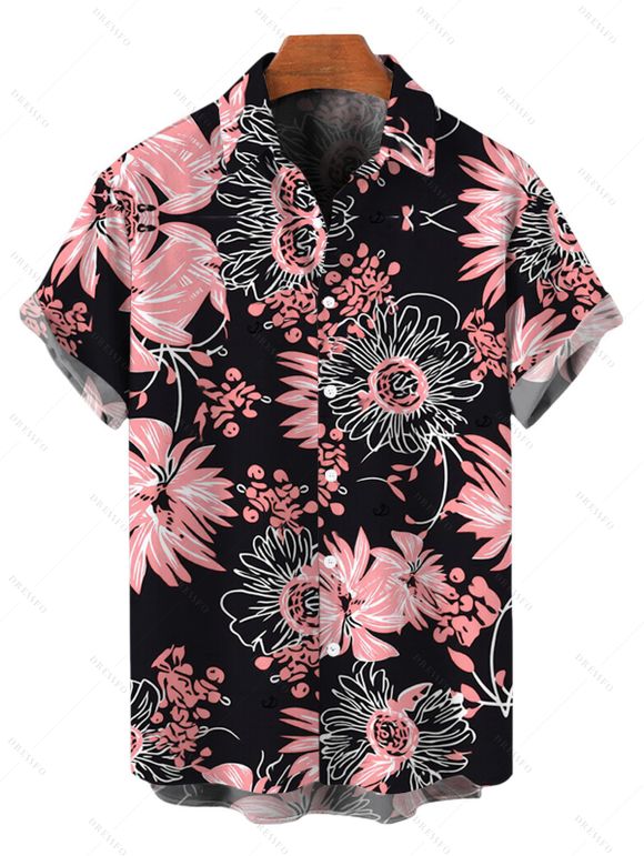 Vacation Couple Outfit Tropical Hand-Drawn Flower Print Pocket Off the Shoulder Jumpsuit and Shirt Set - Rose S | US 4
