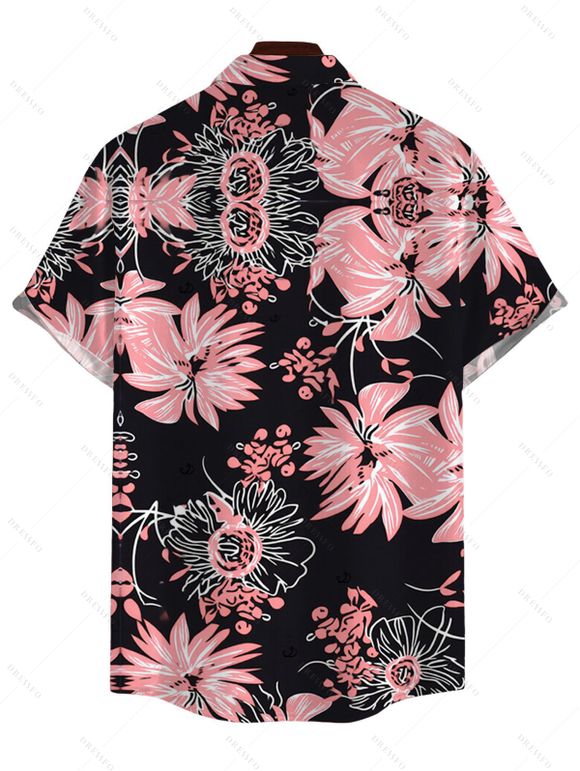 Vacation Couple Outfit Tropical Hand-Drawn Flower Print Pocket Off the Shoulder Jumpsuit and Shirt Set - Rose S | US 4