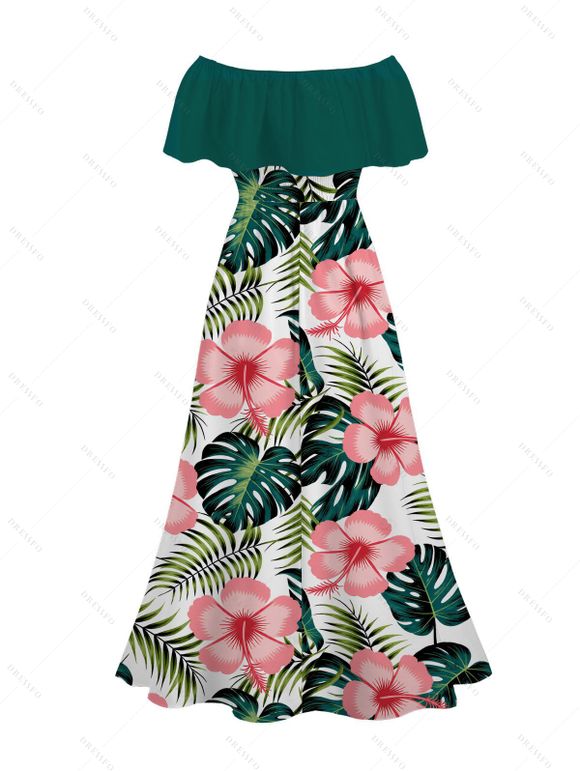 Hawaiian Vacation Couple Outfit Tropical Leaf Floral Print Flounce Off the Shoulder Smocked Slit Dress and Shirt Set - Turquoise Foncée S | US 4