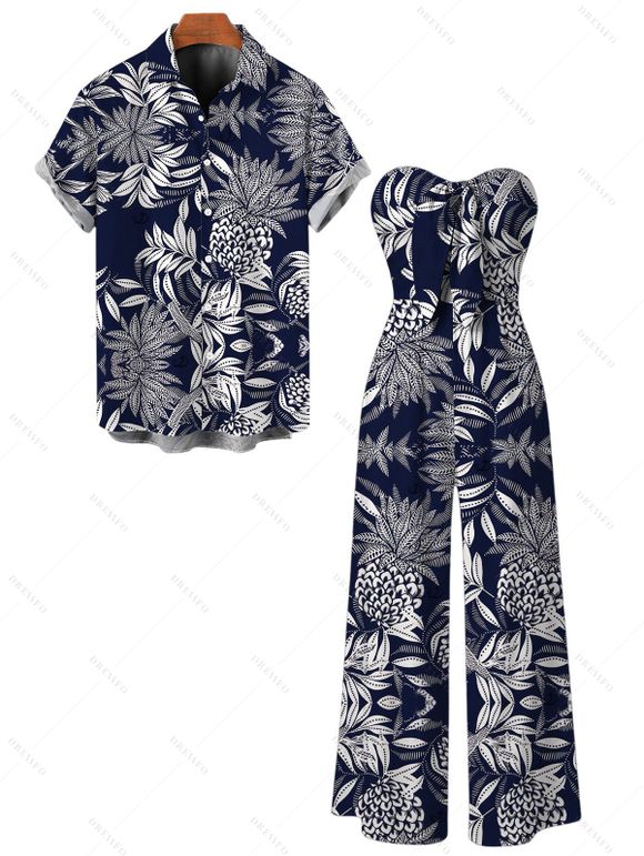 Hawaiian Vacation Couple Outfit Tropical Pineapple Print Pocket Off the Shoulder Jumpsuit and Shirt Set - Bleu de Minuit S | US 4
