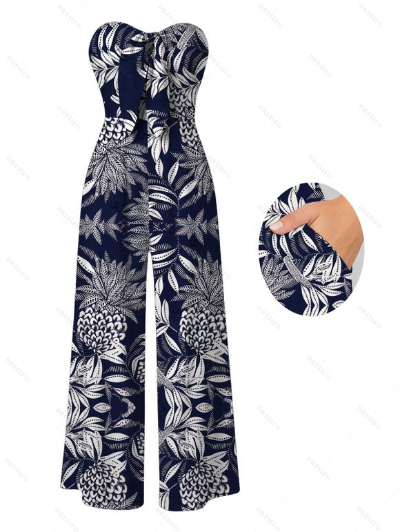 Hawaiian Vacation Couple Outfit Tropical Pineapple Print Pocket Off the Shoulder Jumpsuit and Shirt Set - Bleu de Minuit S | US 4