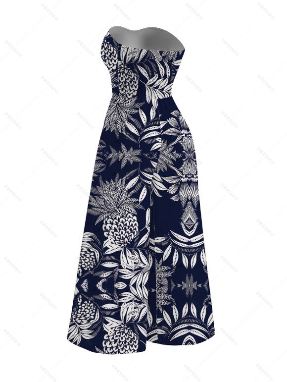 Hawaiian Vacation Couple Outfit Tropical Pineapple Print Pocket Off the Shoulder Jumpsuit and Shirt Set - Bleu de Minuit S | US 4