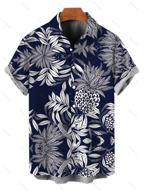 Hawaiian Vacation Couple Outfit Tropical Pineapple Print Pocket Off the Shoulder Jumpsuit and Shirt Set - Bleu de Minuit S | US 4