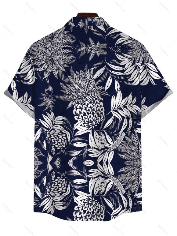 Hawaiian Vacation Couple Outfit Tropical Pineapple Print Pocket Off the Shoulder Jumpsuit and Shirt Set - Bleu de Minuit S | US 4