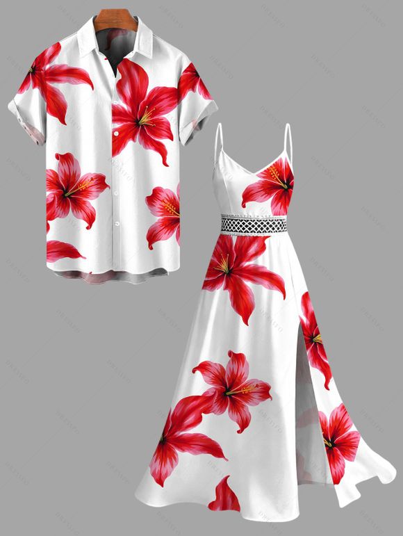 Vacation Couple Outfit Watercolor Hibiscus Floral Print Lace Hollow Out Slit Dress and Shirt Set - Rouge S | US 4
