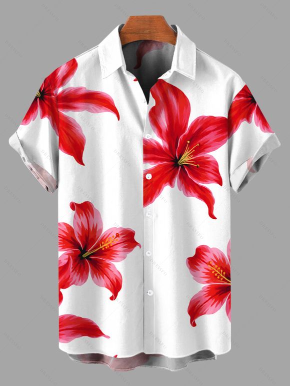 Vacation Couple Outfit Watercolor Hibiscus Floral Print Lace Hollow Out Slit Dress and Shirt Set - Rouge S | US 4
