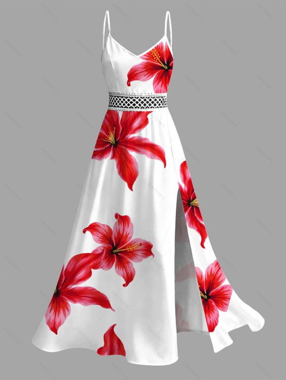 Vacation Couple Outfit Watercolor Hibiscus Floral Print Lace Hollow Out Slit Dress and Shirt Set - Rouge S | US 4