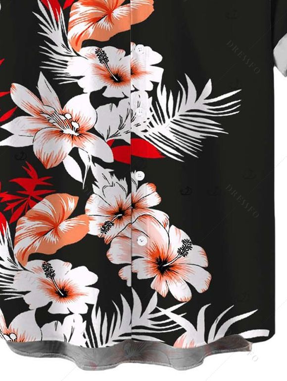 Men's Vacation Shirt Hibiscus Floral Tropical Leaf Print Button Up Shirt - Noir 5XL