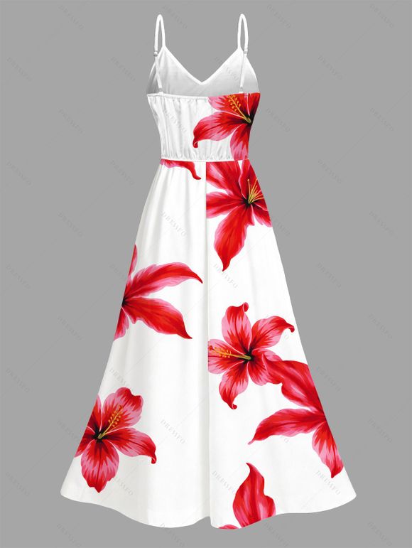 Vacation Dress Watercolor Tropical Hibiscus Floral Print Lace Hollow Out Slit Dress - Rouge XXXXXL | US 20