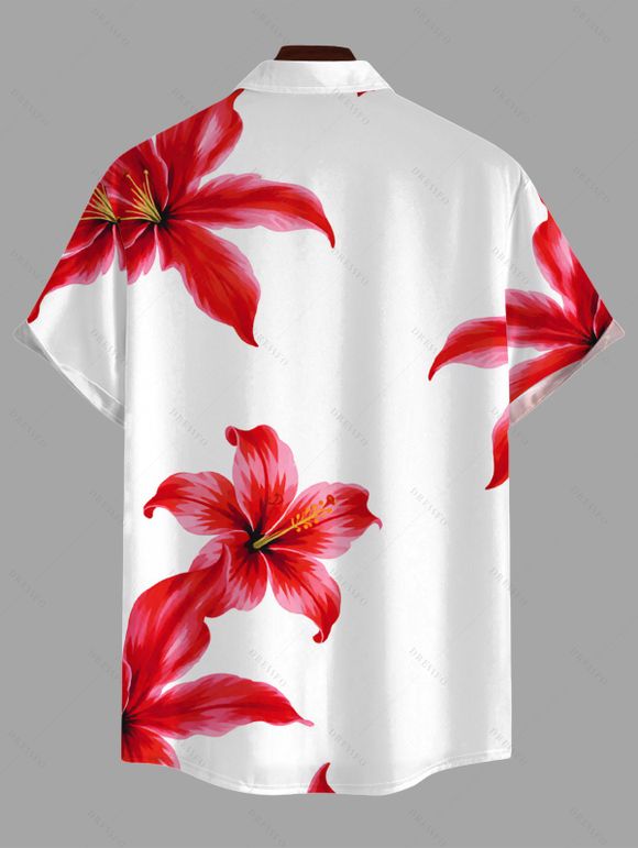 Men's Vacation Shirt Watercolor Tropical Hibiscus Floral Print Button Up Shirt - Rouge 5XL